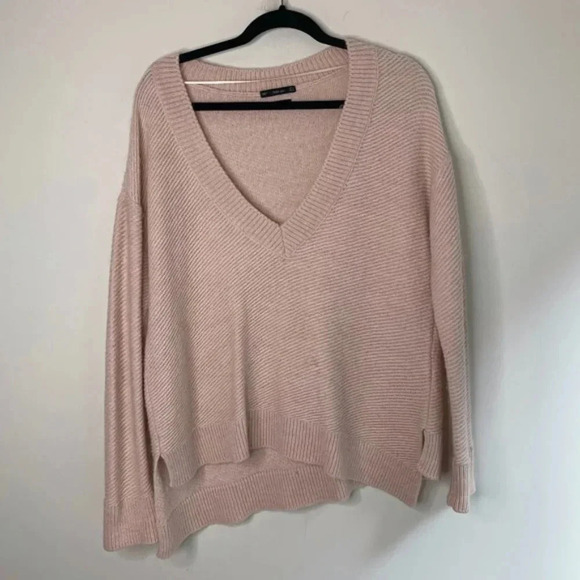 Zara Chevron Knit Sweater Pullover V-neck Asymmetrical Hem Long Sleeve Pink - Picture 4 of 16